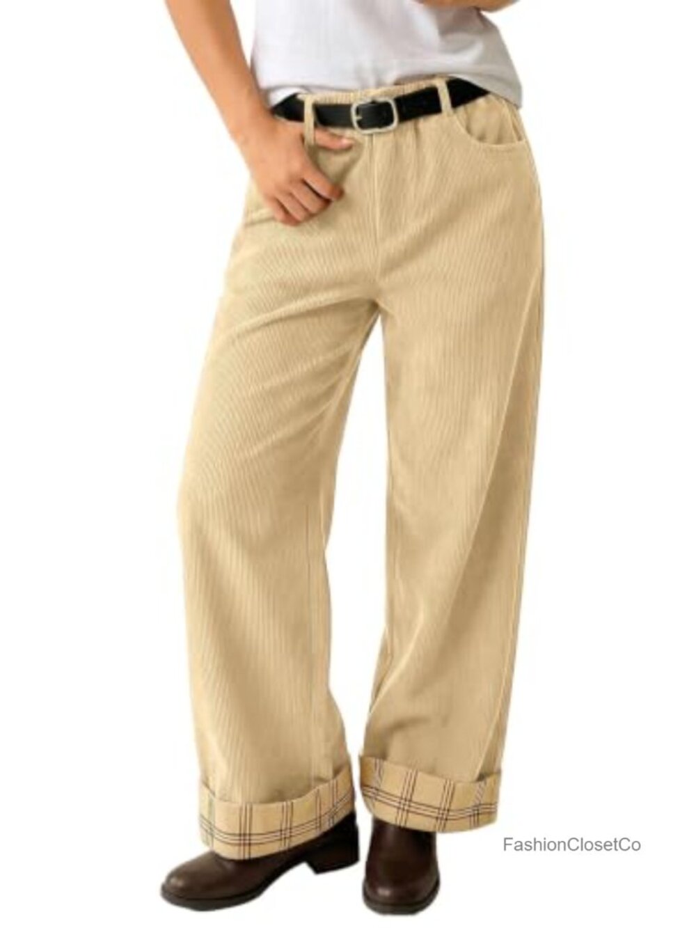 Womens Corduroy Wide Leg Pants Elastic Waist with Pockets